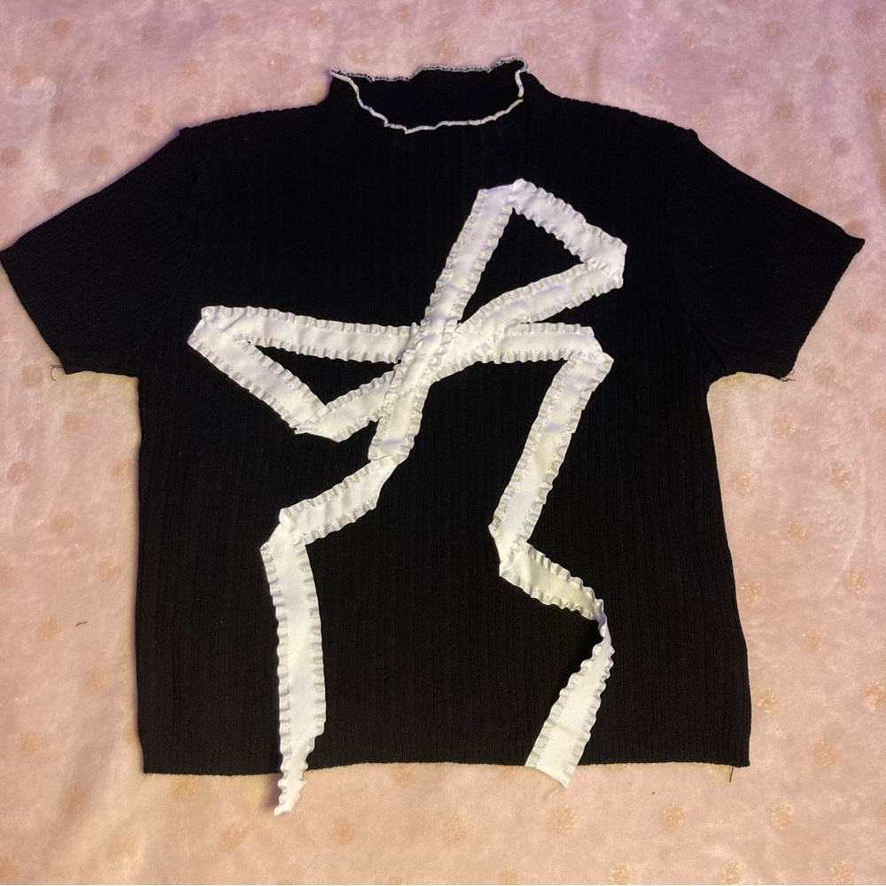 Amazon Black Crop Top with White Ribbon Detail